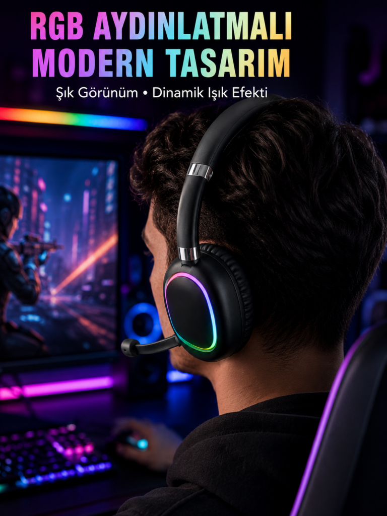 RGB Işıklı Bluetooth Mikrofonlu Kulaklık Uzun Süreli Kullanım Type-C Şarjlı