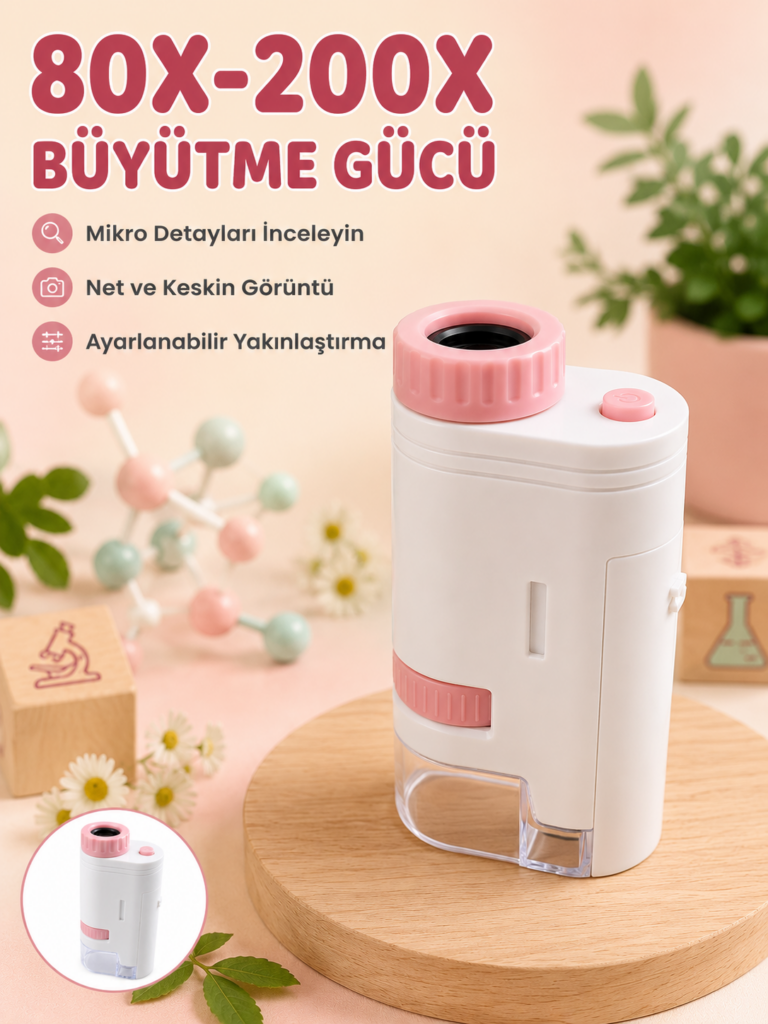 Eğitici Taşınabilir Mikroskop  Ayarlanabilir Focus, LED Işık ve 80X-200X Yakınlaştırma