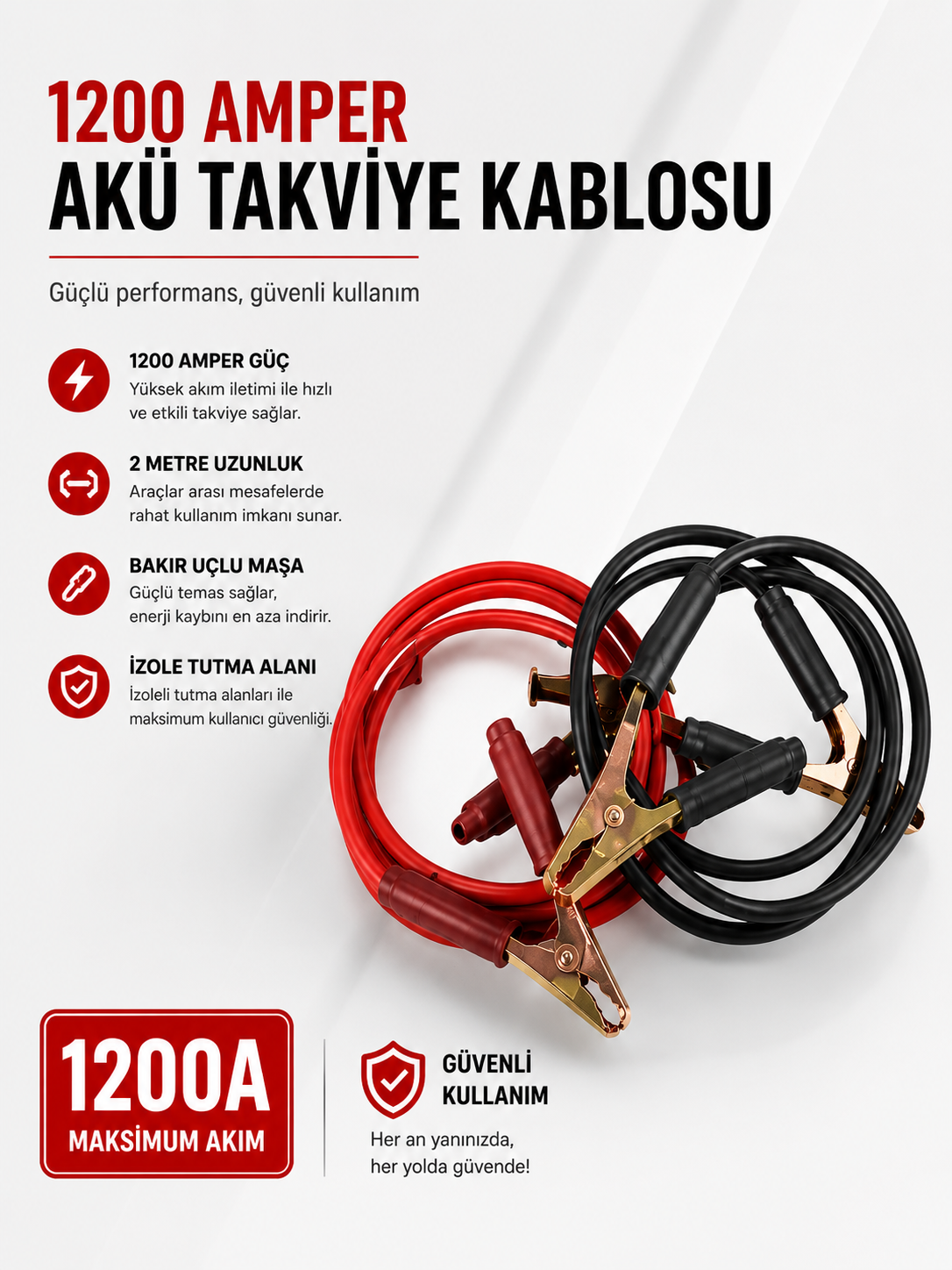 1200 Amper Akü Takviye Kablosu 2 Metre Bakır Uçlu