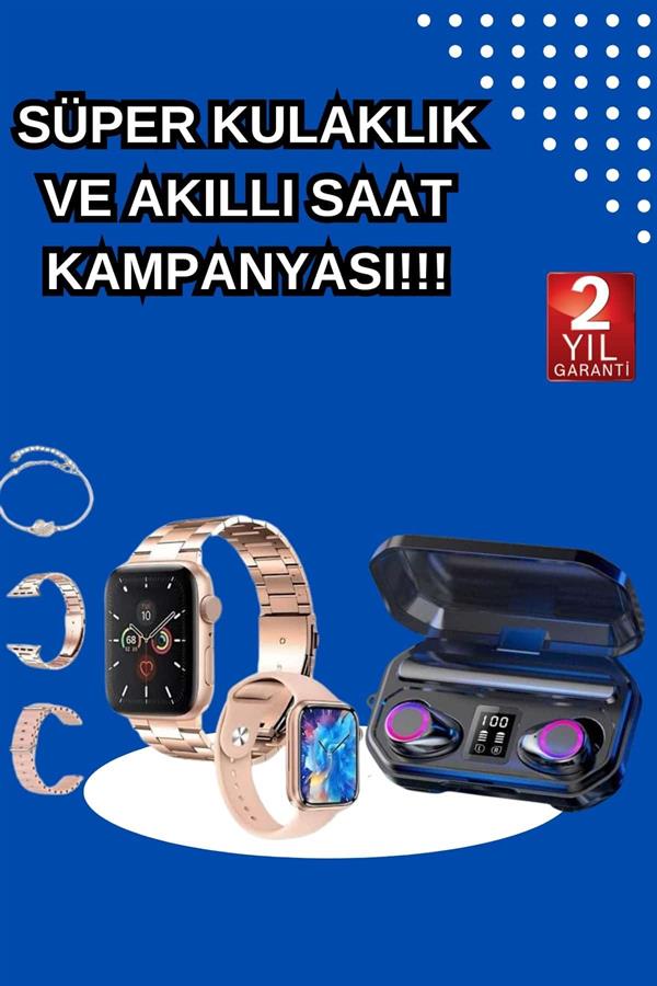Kadınlar İçin 3 Kordonlu Akıllı Saat ve Dijital Göstergeli Powerbankli Bluetooth Kulaklık Dokunmatik Kontrol