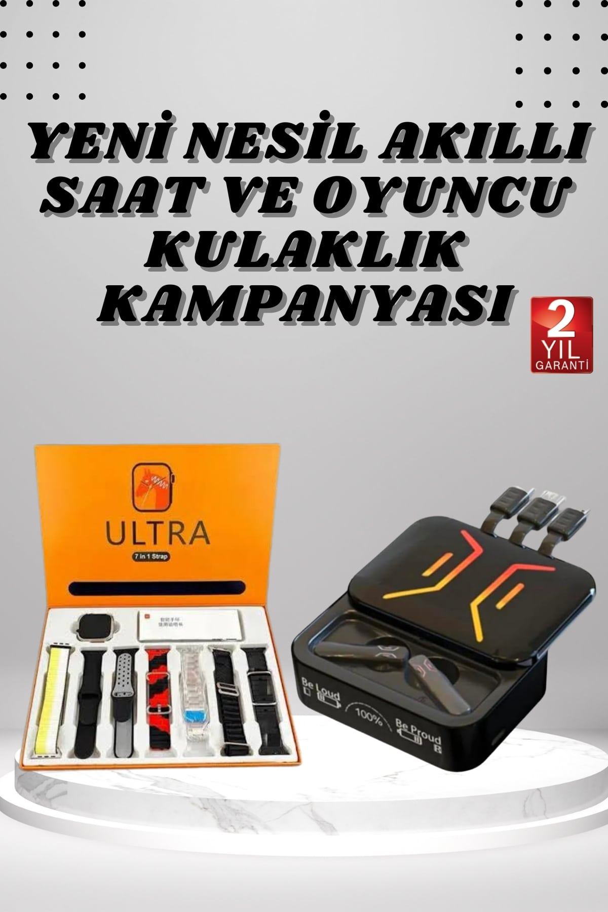 Bluetooth Bağlantılı 7 Kordonlu Akıllı Saat ve Powerbank Kulaklık Çoklu Şarj Girişi