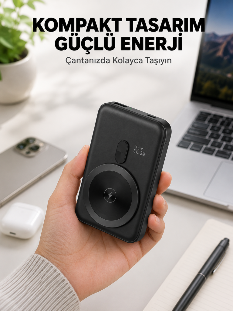 Manyetik Kablosuz Powerbank 22.5W Hızlı Şarj LCD Göstergeli Yeni Nesil