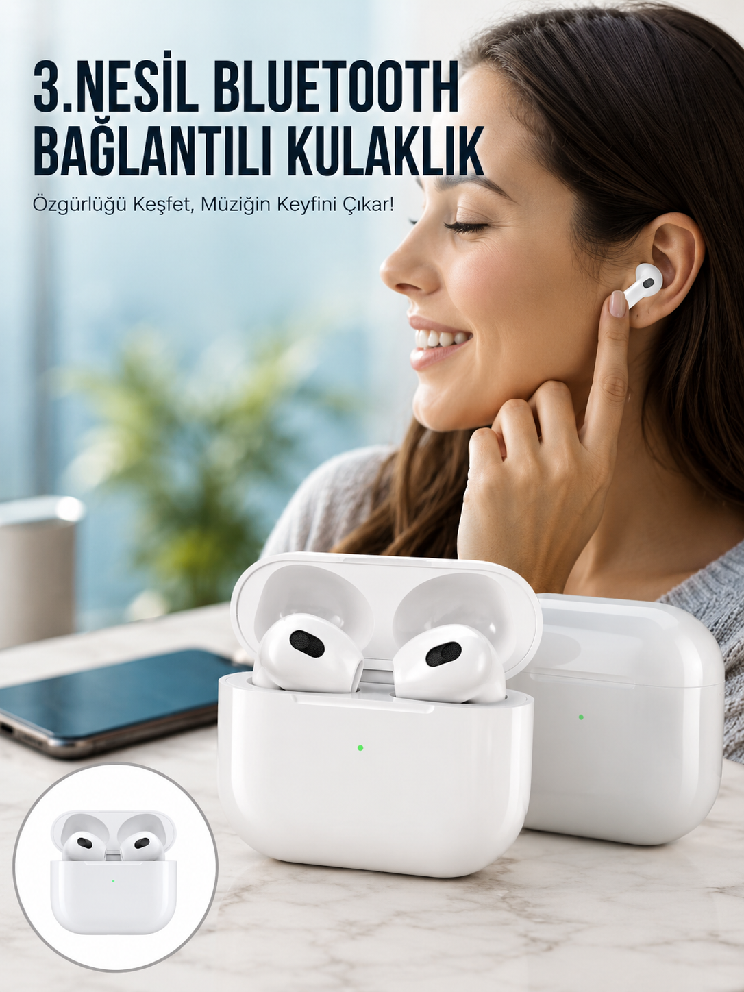 3.Nesil İOS Android Uyumlu Bluetooth 5.0 Beyaz Çağrı Cevaplama Yeni Nesil