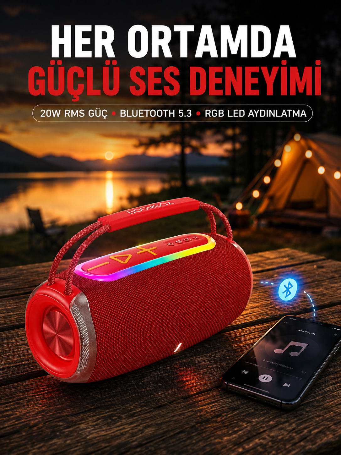 Suya Dayanıklı 20W RGB Hoparlör Bluetooth, USB, SD Kart ve AUX Girişli