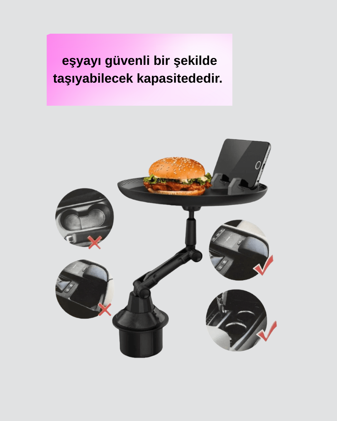 Araç İçi 360° Ayarlanabilir Bardaklık Tepsisi Geniş Yüzeyli ve Telefon Standlı Yeni Nesil