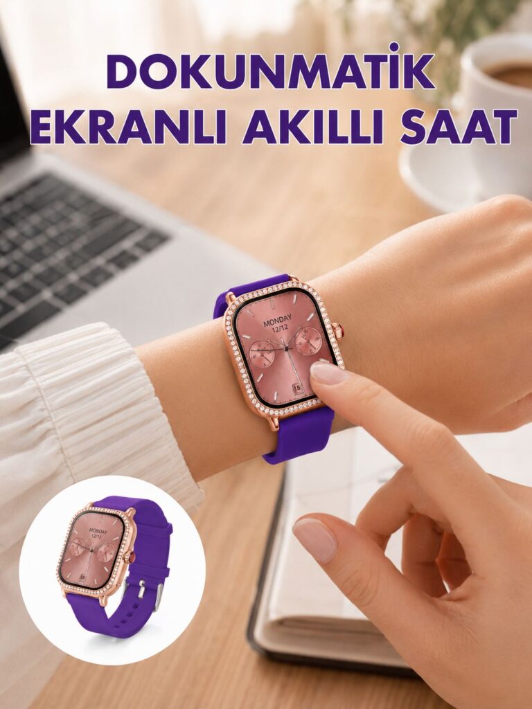 Pembe Mor ve Metal Kordonlu Akıllı Saat Hediye Seti