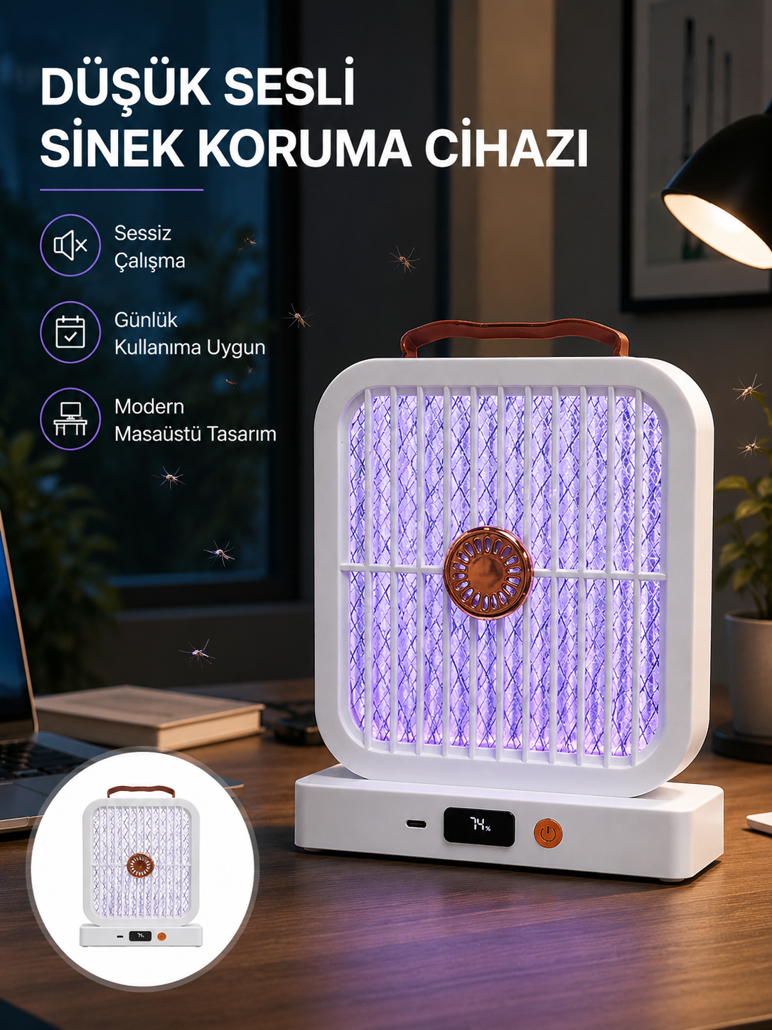 Masaüstü Şarjlı Elektrikli Sinek Öldürücü UV Teknolojili Beyaz Cihaz