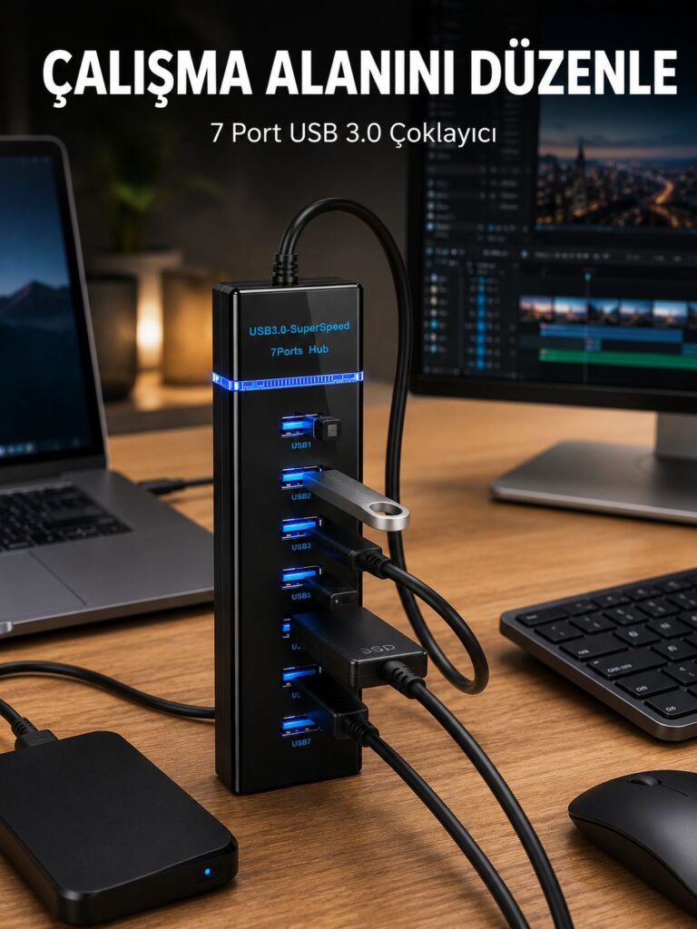 7 Girişli USB 3.0 Hub 5Gbps LED Göstergeli USB Çoğaltıcı