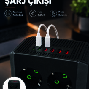 8'li Dikey Çoklu Priz 4 USB 2 Type-C Akım Korumalı Anahtarlı Priz