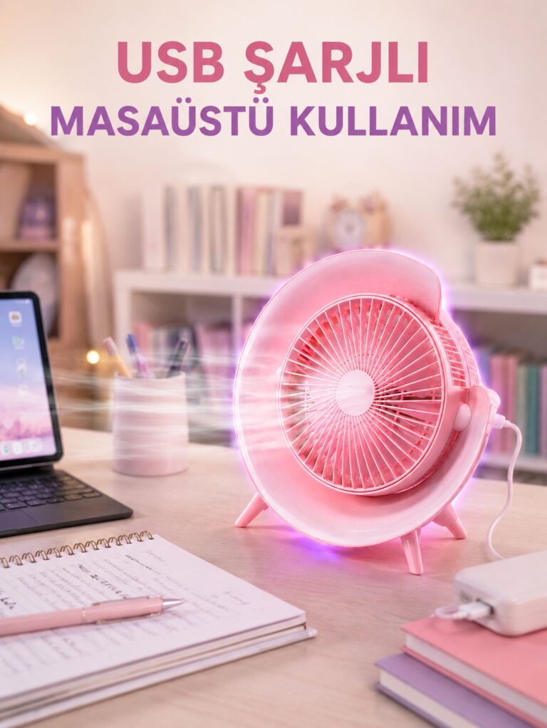 Gece Lambası Özellikli Şarjlı Mini Masaüstü Fan