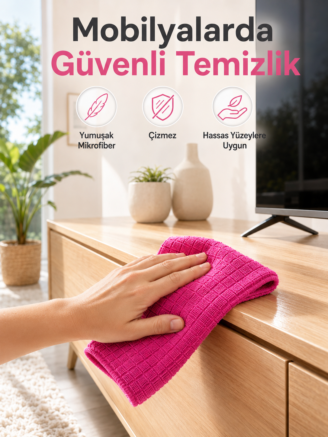 Çok Amaçlı Pembe Mikrofiber Bez Çizmeden Etkili Yüzey Temizliği