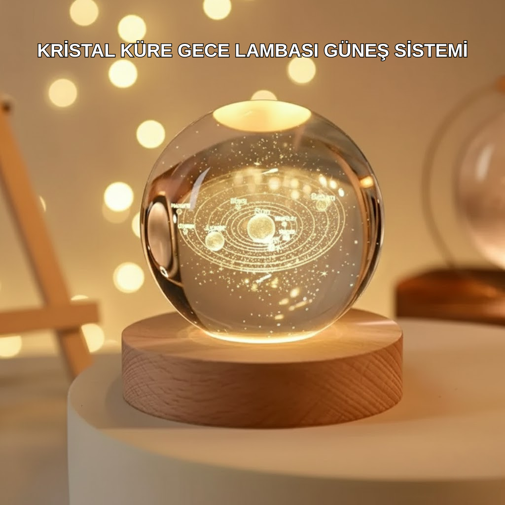 USB Bağlantılı Işıklı Kristal Küre Modern Ahşap Tabanlı Dekor