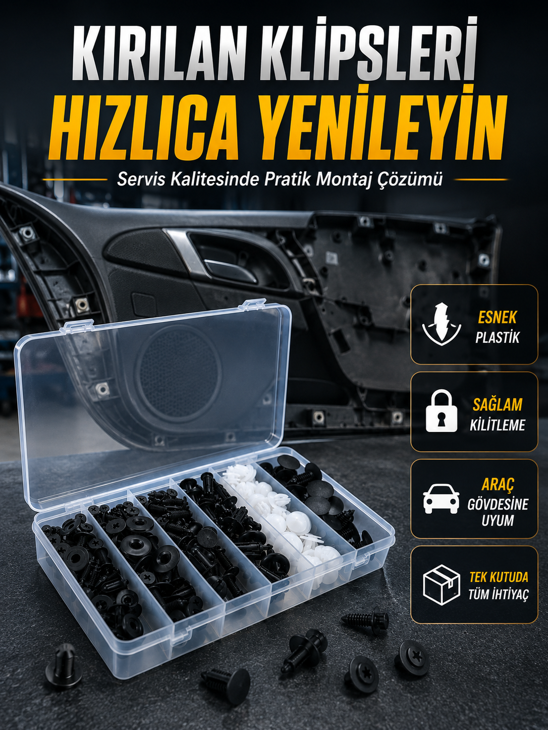 Universal Araç Döşeme Klipsi ve Tampon Sabitleme Pimi Seti 100 Parça Organizer Kutulu