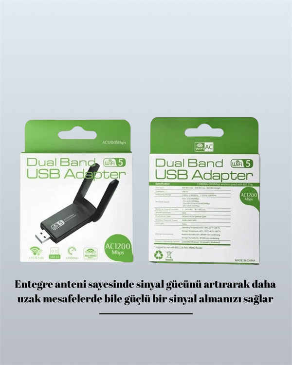 Tak-Çalıştır Özellikli Çift Bant WiFi Adaptör – 1200 Mbps