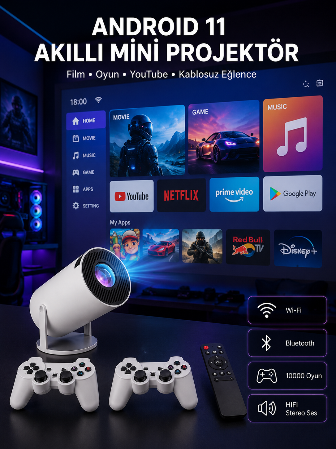 Full HD 8 GB Ayaklı Çift Kollu 4K Video Oyun Konsolu Taşınabilir Yeni Nesil