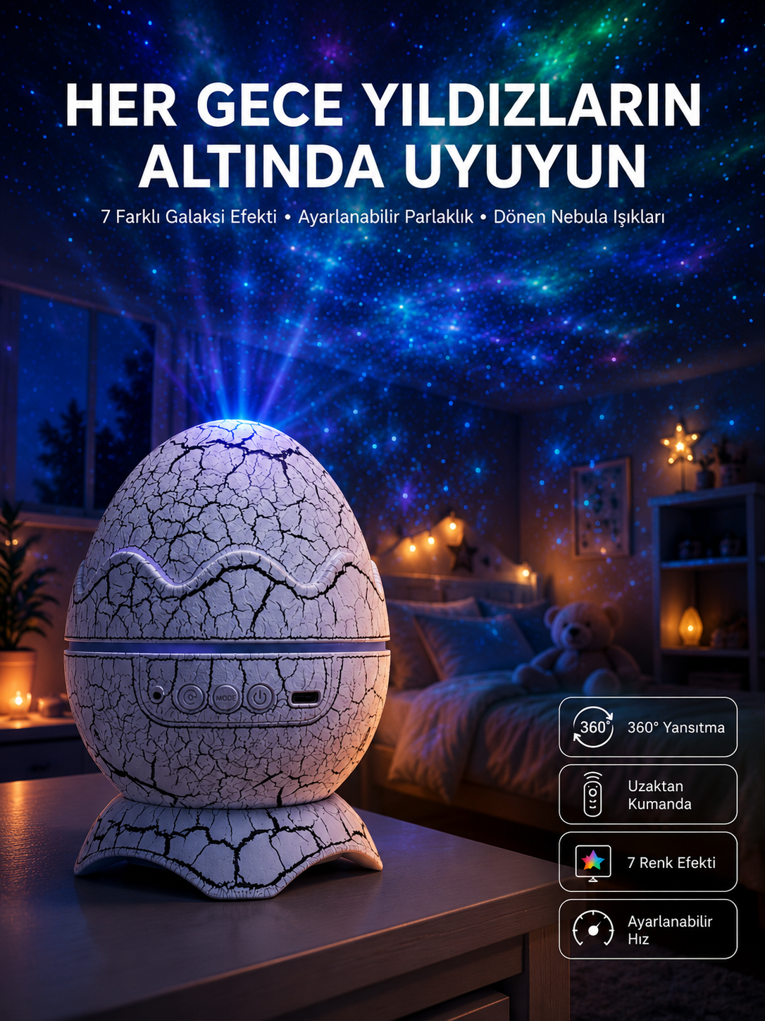 Yumurta Görünümlü Masa ve Gece Lambası Renk Değiştirebilen Projektör