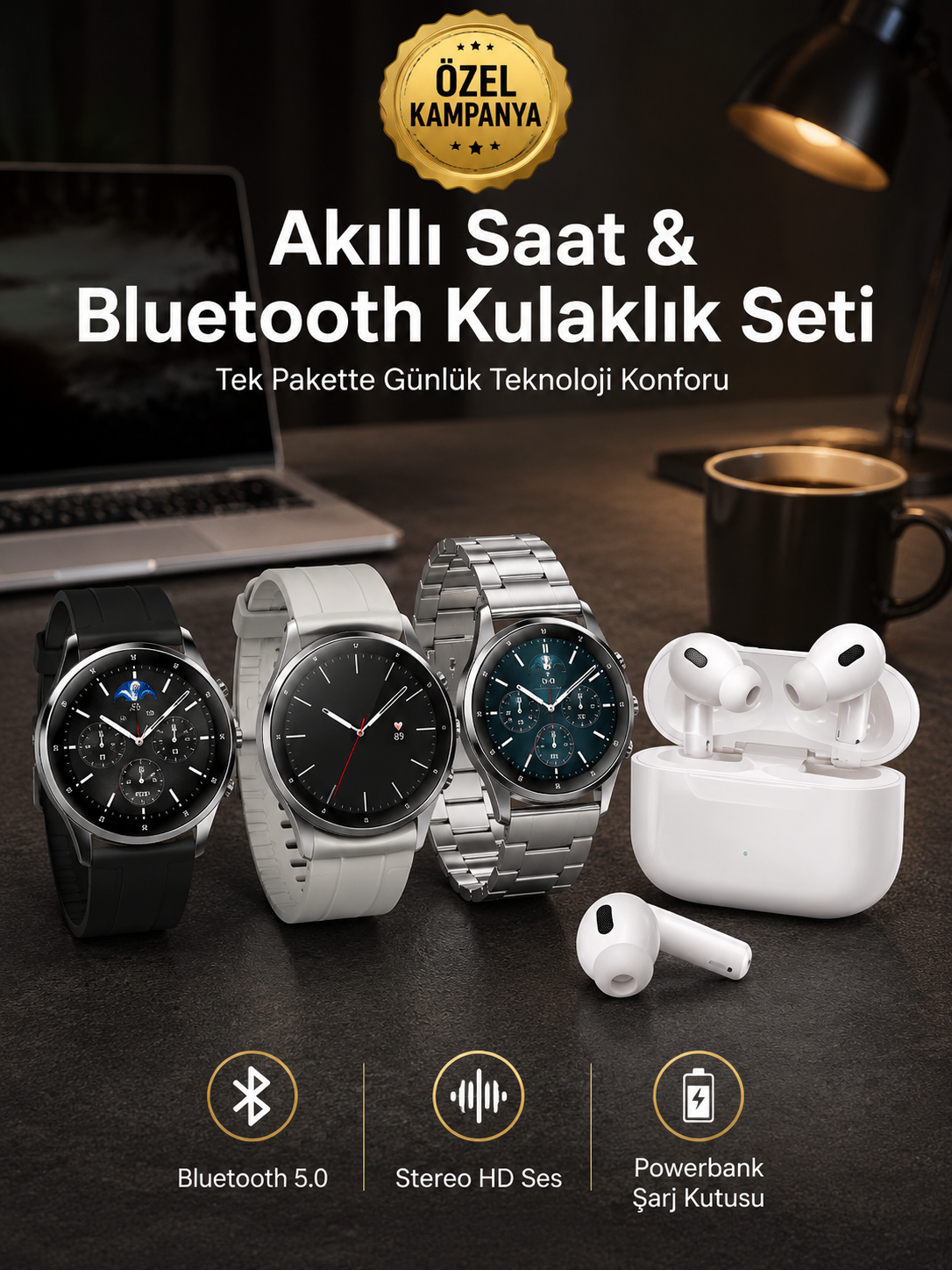 Aynalı Bluetooth Kulaklık Yeni Nesil Akıllı Saat Titreşimli Nabız Ölçer Spor Modları