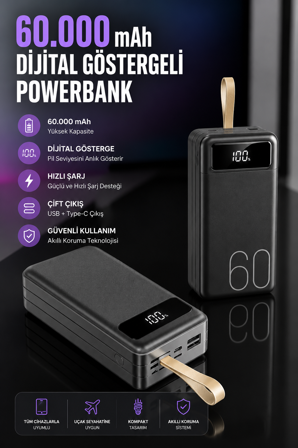 Powerbank 60.000 Mah Hızlı Şarj 4 Çıkışlı Uzun Şarj Süreli Dijital Göstergeli