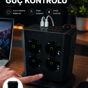 Akım Korumalı 8'li Dikey Priz 4 USB 2 Type-C Hızlı Şarj Destekli Çoklu Priz