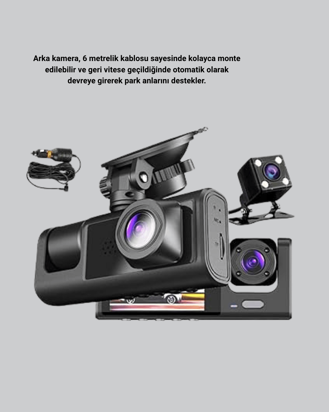 Üç Kameralı Araç İçi Kayıt Sistemi Full HD Gece Görüşlü ve G-Sensör Destekli