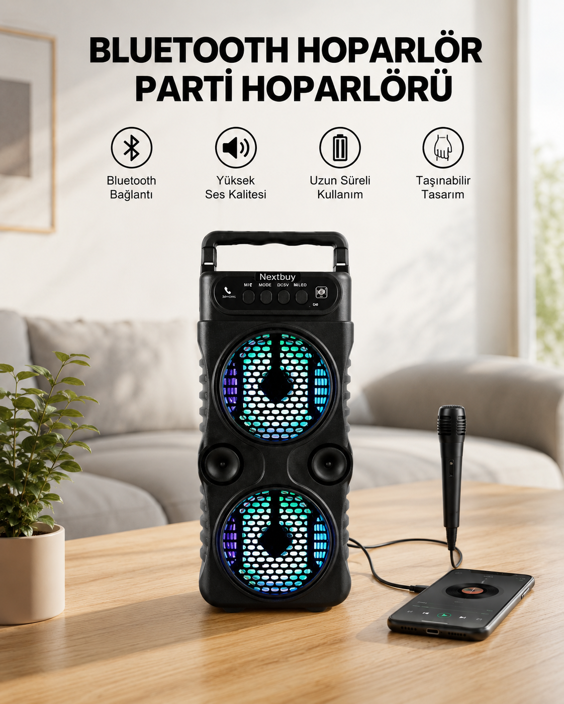 LED Işıklı Kablosuz Bluetooth Hoparlör Yüksek Ses Güçlü Bas Performansı Taşınabilir Şarjlı