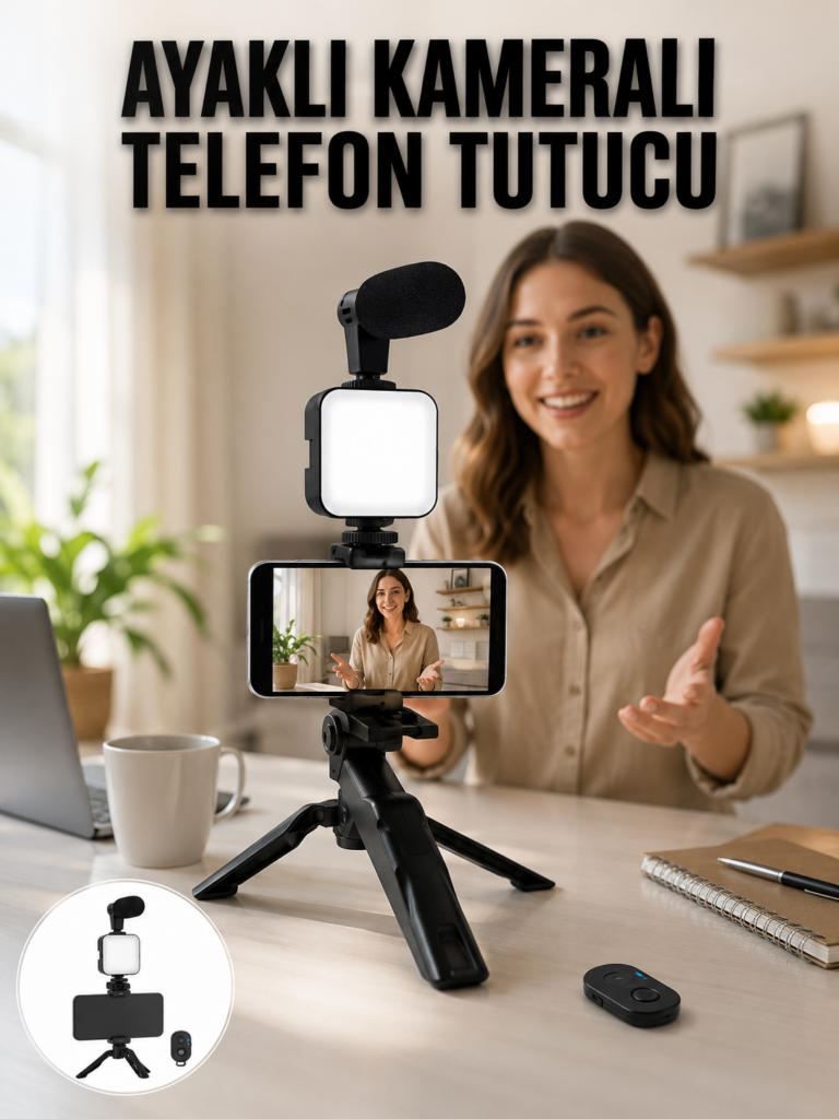 Telefon Tutucu Led Işıklı Kumandalı Mikrofon Telefon Vlog Video Kayıt Yeni Nesil
