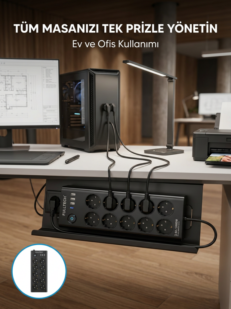 USB ve Type-C Şarj Özellikli 10'lu Çoklu Priz