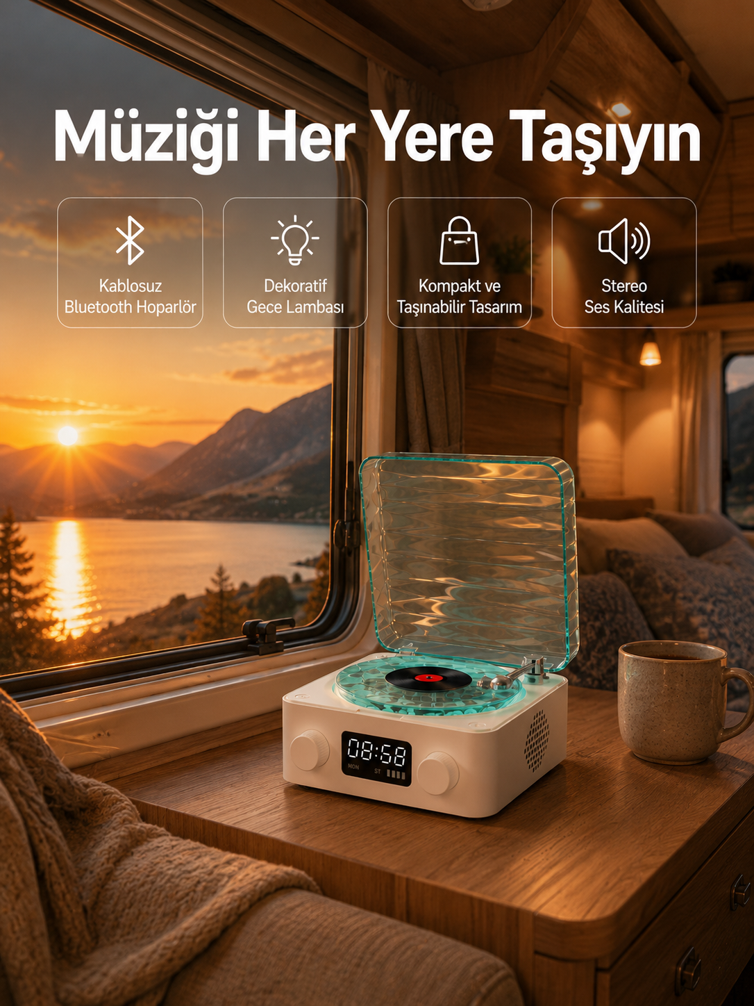 Retro Tasarımlı Gece Lambalı Bluetooth Hoparlör – Saat ve Pil Göstergeli