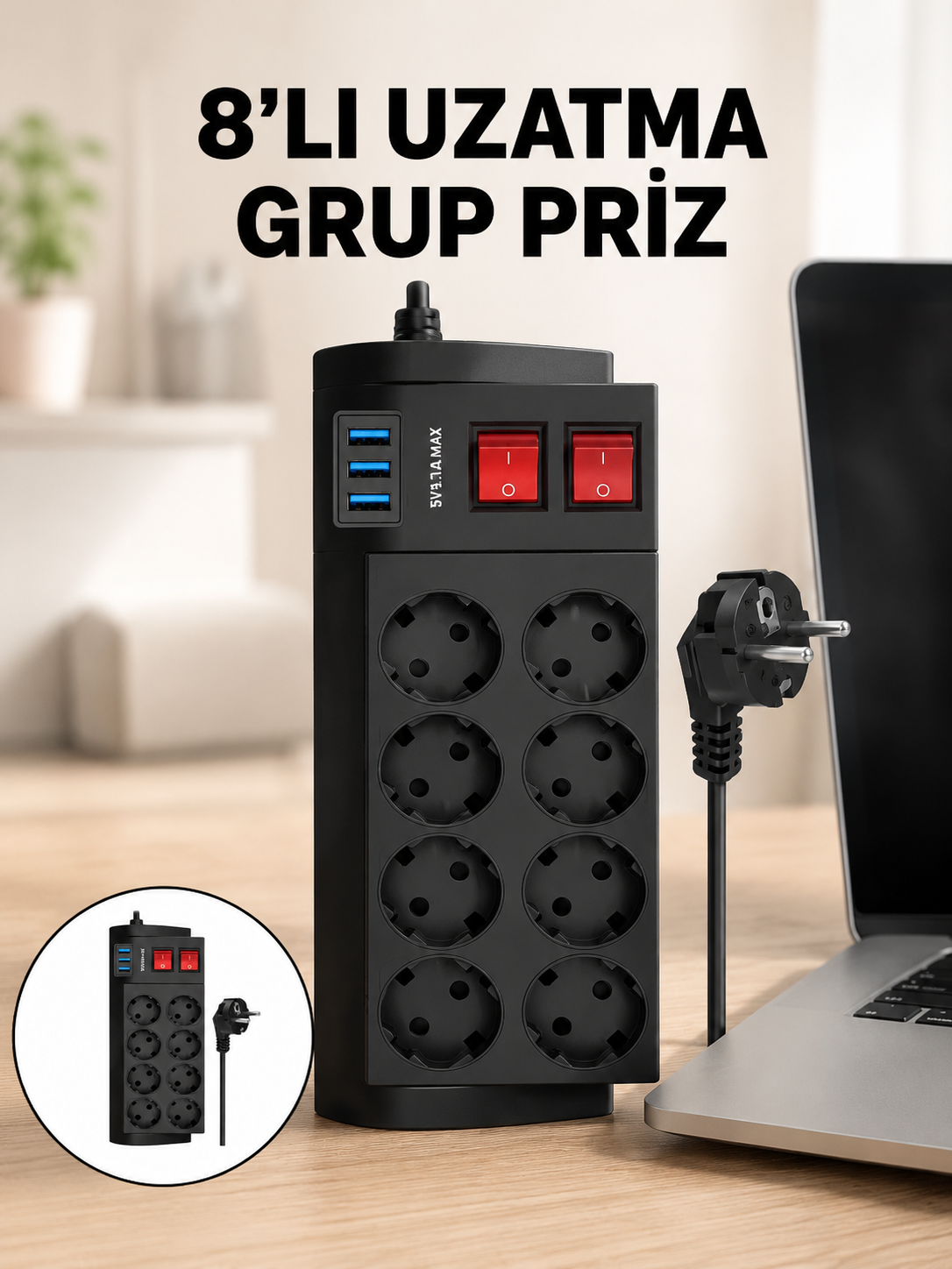 Termal Korumalı 8 Prizli 3 USB’li Uzatma Kablosu Yeni Nesil