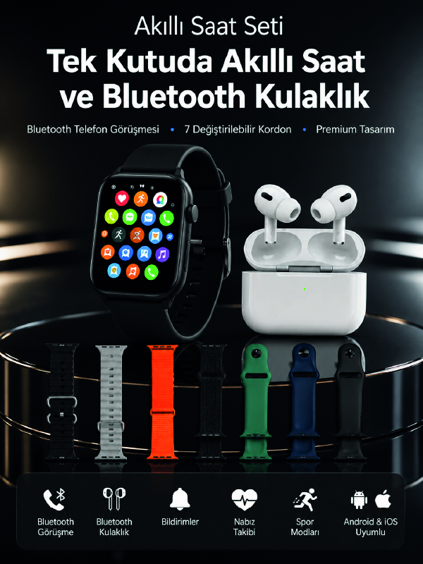 7 Kordonlu Akıllı Saat ve Bluetooth Kulaklık Seti Nabız Takibi, Bildirimler ve Spor Modları