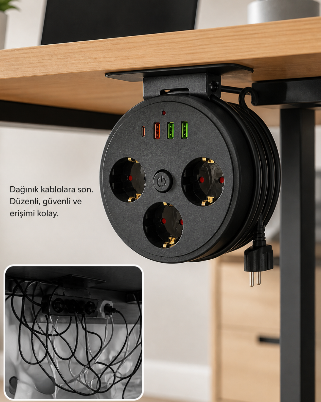 Akım Korumalı Priz USB ve Type C Girişli 3lü Priz 2 Metre Kablo Dayanıklı
