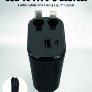 Araç Çakmaklık Şarj Cihazı 120W Type-C & Lightning Kablolu Çoklu Hızlı Şarj İstasyonu