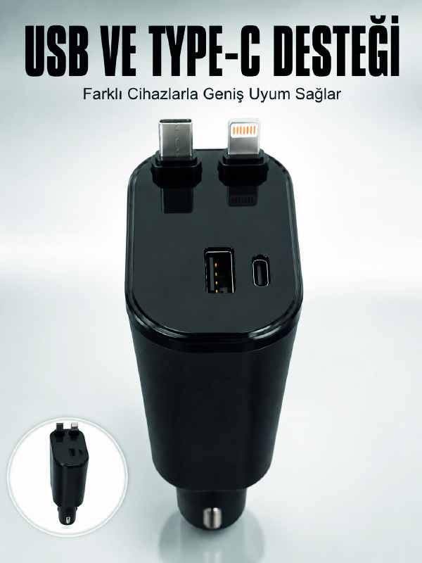 Araç Çakmaklık Şarj Cihazı 120W Type-C & Lightning Kablolu Çoklu Hızlı Şarj İstasyonu