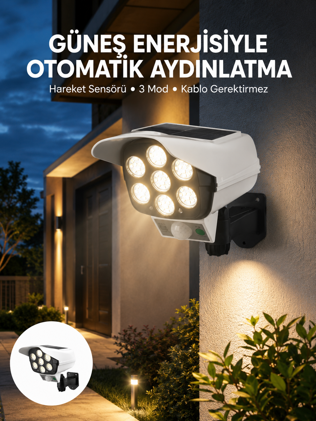 Uzaktan Kumandalı Güneş Enerjili LED Güvenlik Lambası Kamera Tipi Hareket Sensörlü Yeni Nesil
