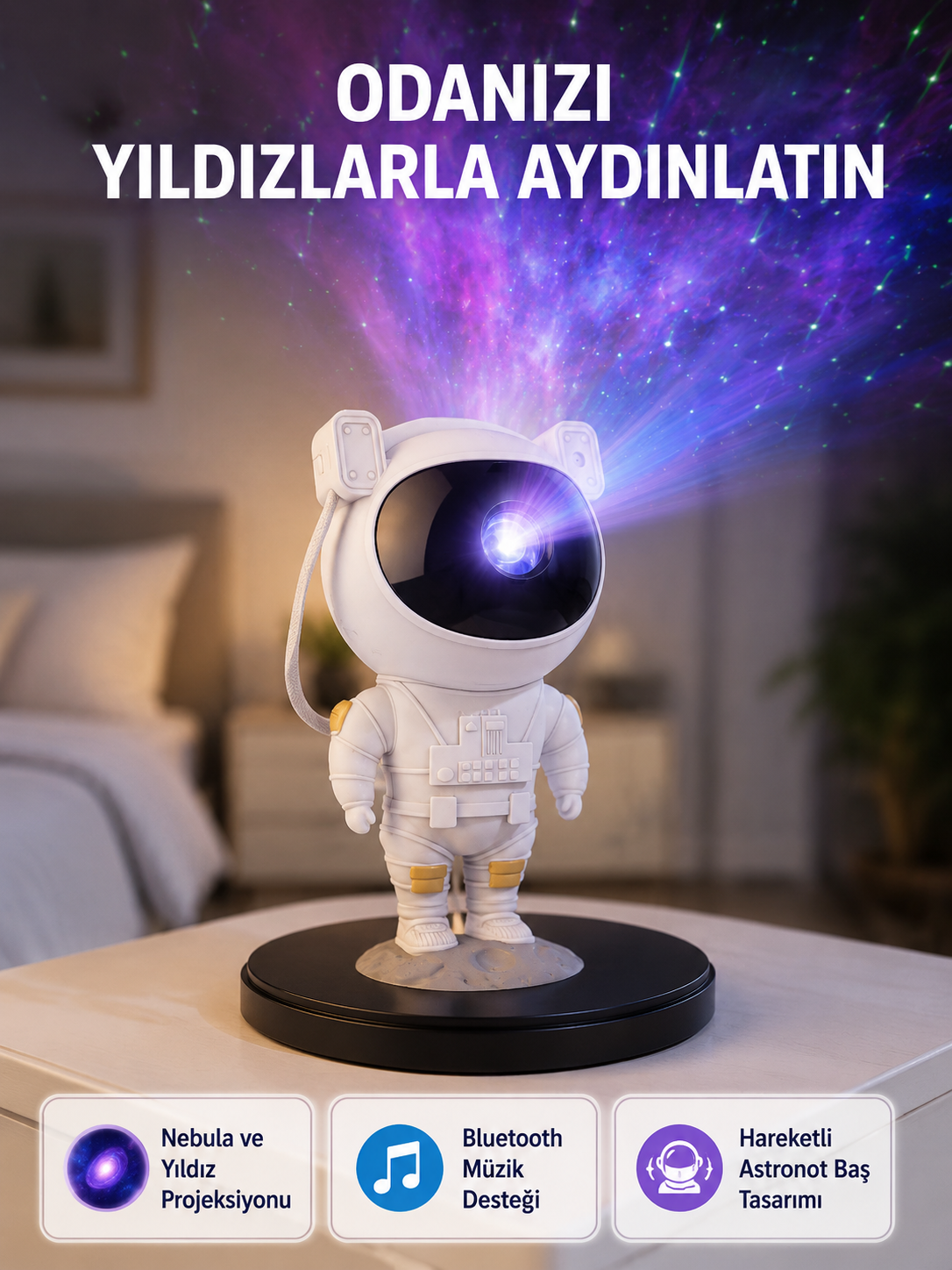 Astronot Projeksiyon Lambası Bluetooth Müzikli ve Uzaktan Kumandalı