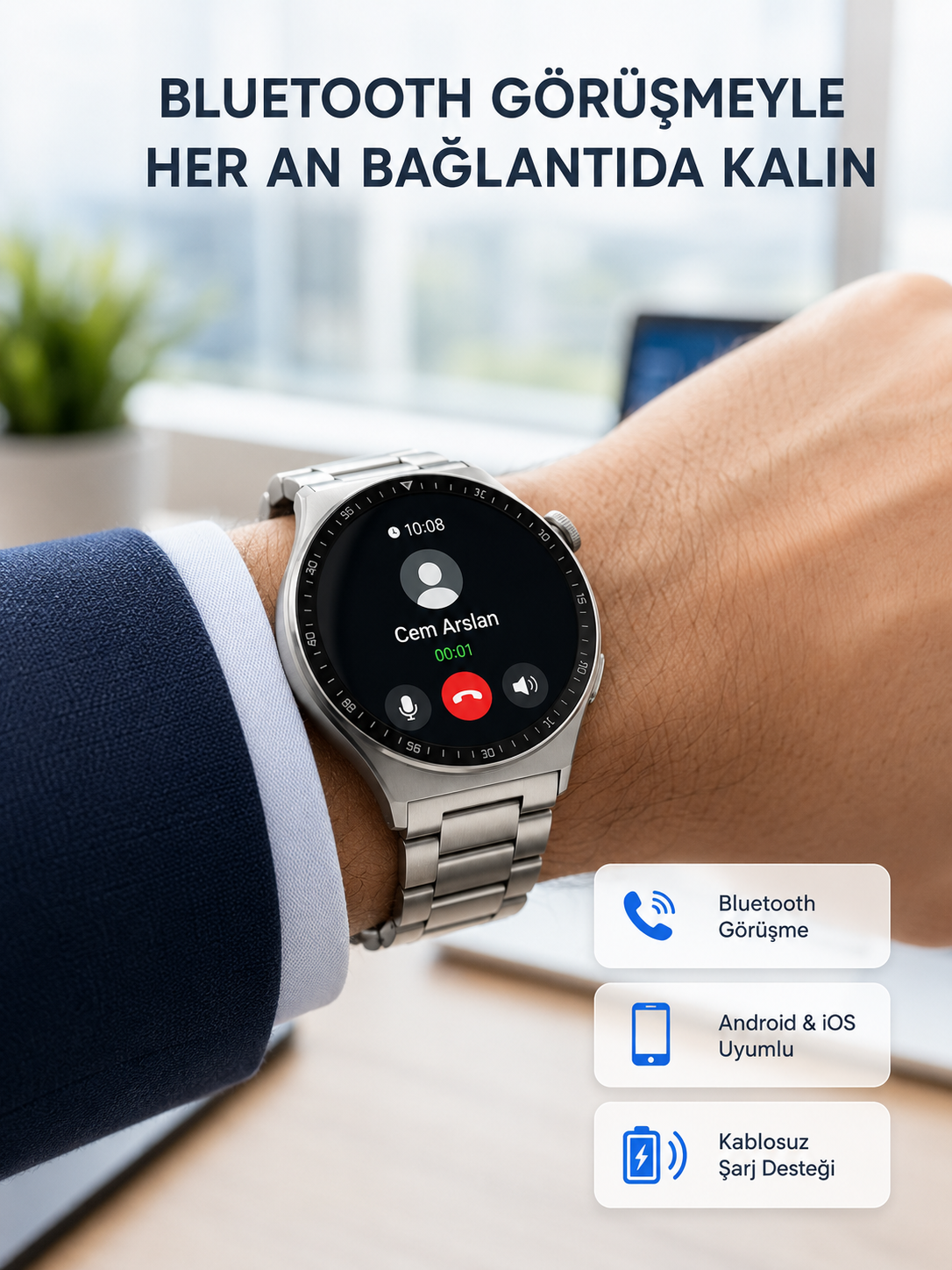 Akıllı Saat NFC – Bluetooth Arama ve Kablosuz Şarj Özellikli