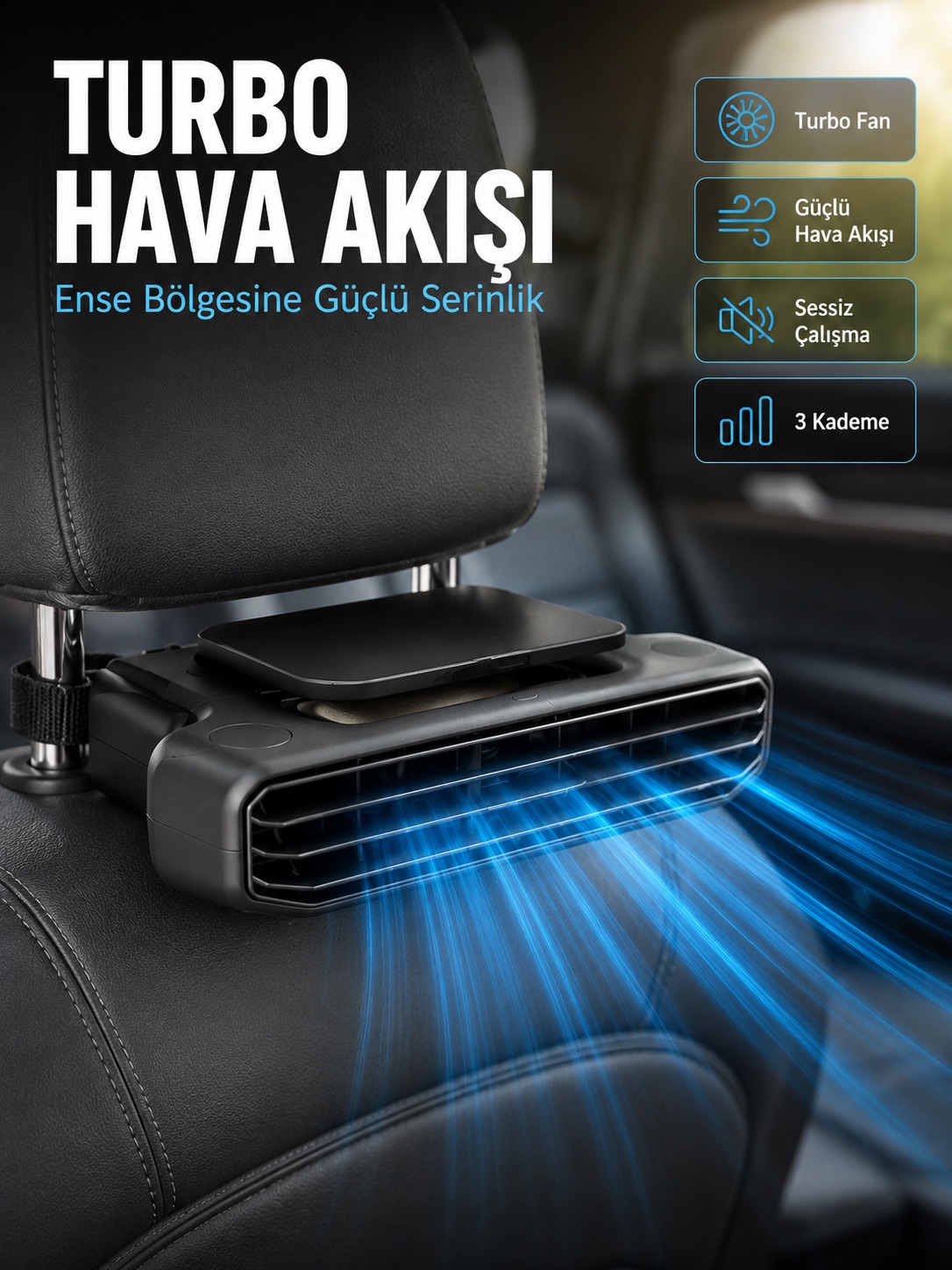 Aroma Hazneli Araç Koltuk Başlığı Fanı 5 Kademeli Güçlü Hava Akışı Sunan Soğutucu