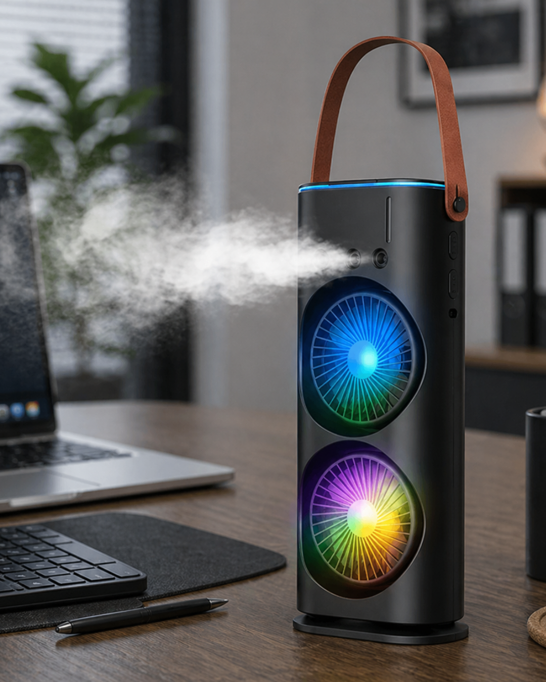 Çift Başlıklı Taşınabilir Fan RGB Işıklı Sprey Nemlendiricili Masaüstü Serinletici Fan