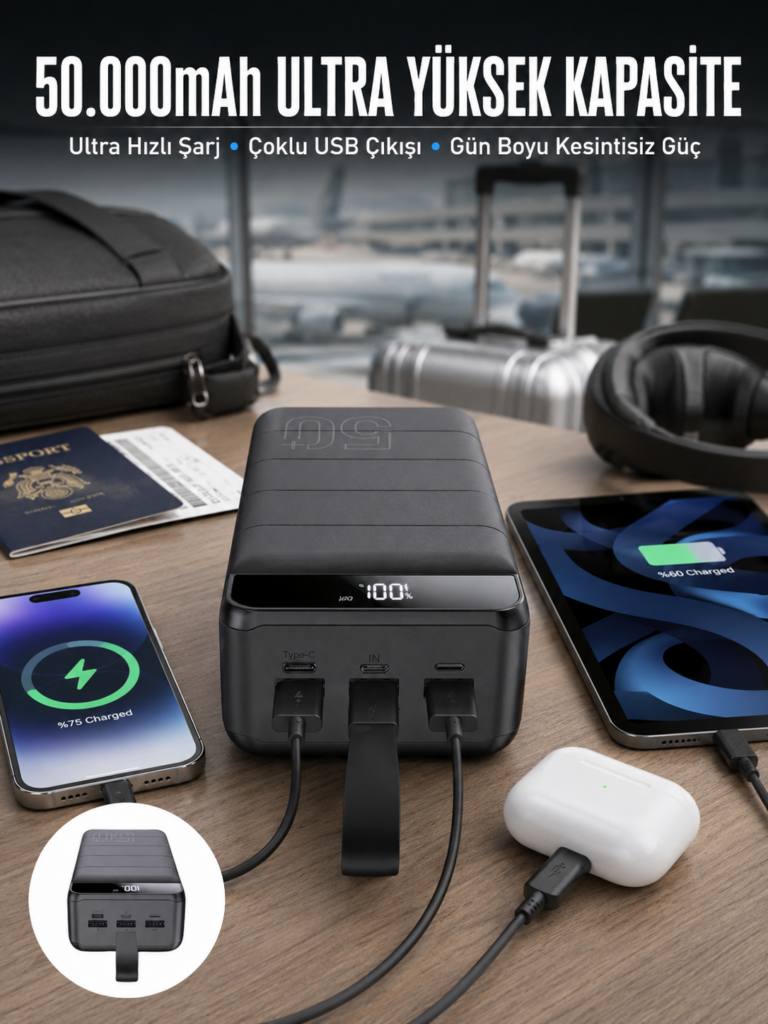Powerbank Çoklu Şarj Girişi 50.000 Mah Taşınabilir Dijital Göstergeli (Kopya)