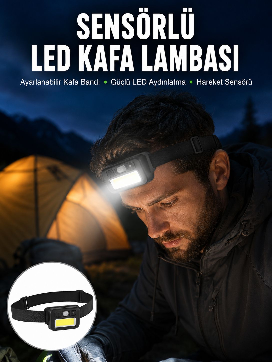 Sensörlü Kamp Lambası Ayarlanabilir Kafa Lambası Kafa Bantlı Yeni Nesil