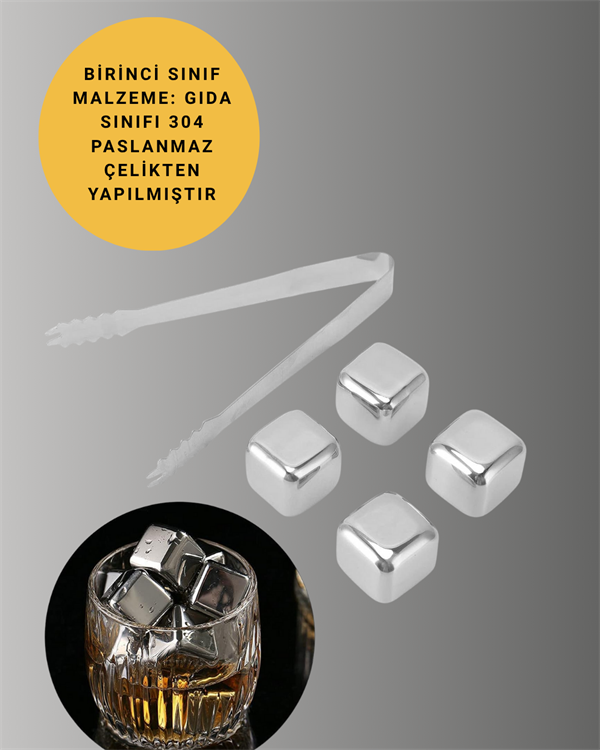 Yeniden Kullanılabilir 304 Çelik Metal Buz Küpleri 4'lü Set