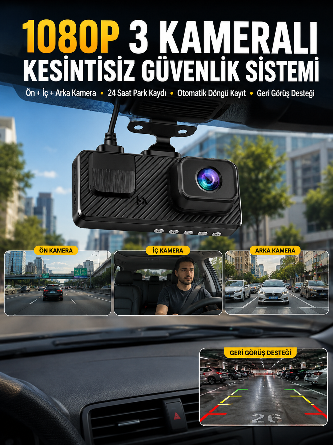 3 Kameralı Araç İçi DVR Kayıt Cihazı  Ön İç Arka Kamera Full HD