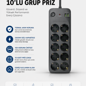Termal Akım Korumalı USB Type-C Girişli 10'lu Grup Priz 2500W Güç Kapasitesi