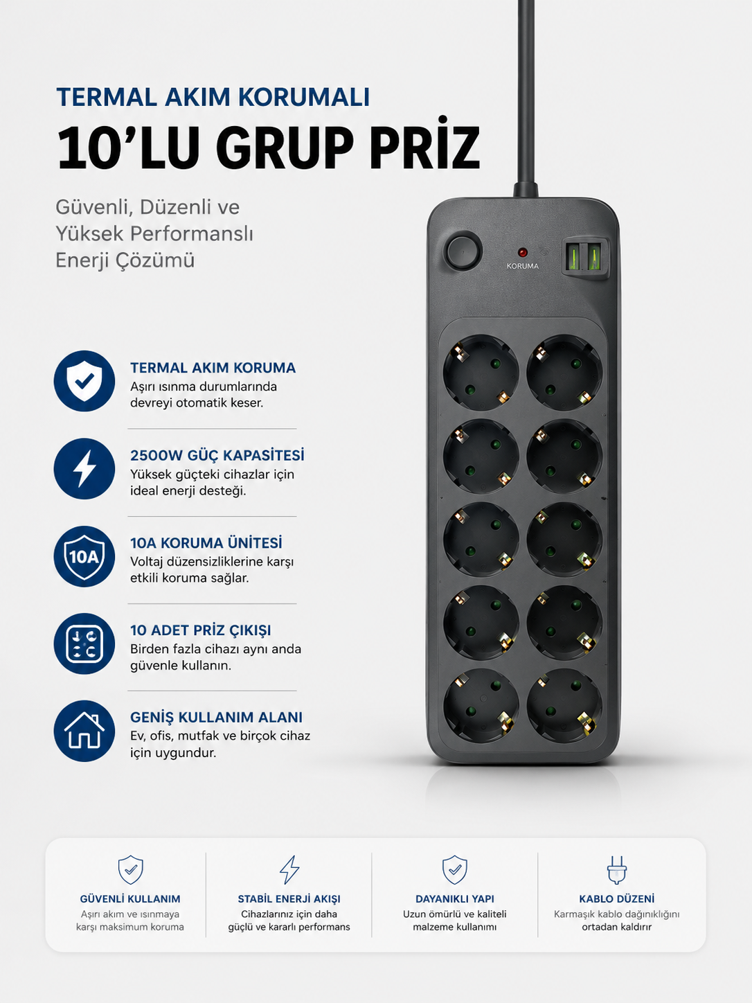 Termal Akım Korumalı USB Type-C Girişli 10'lu Grup Priz 2500W Güç Kapasitesi (Kopya)