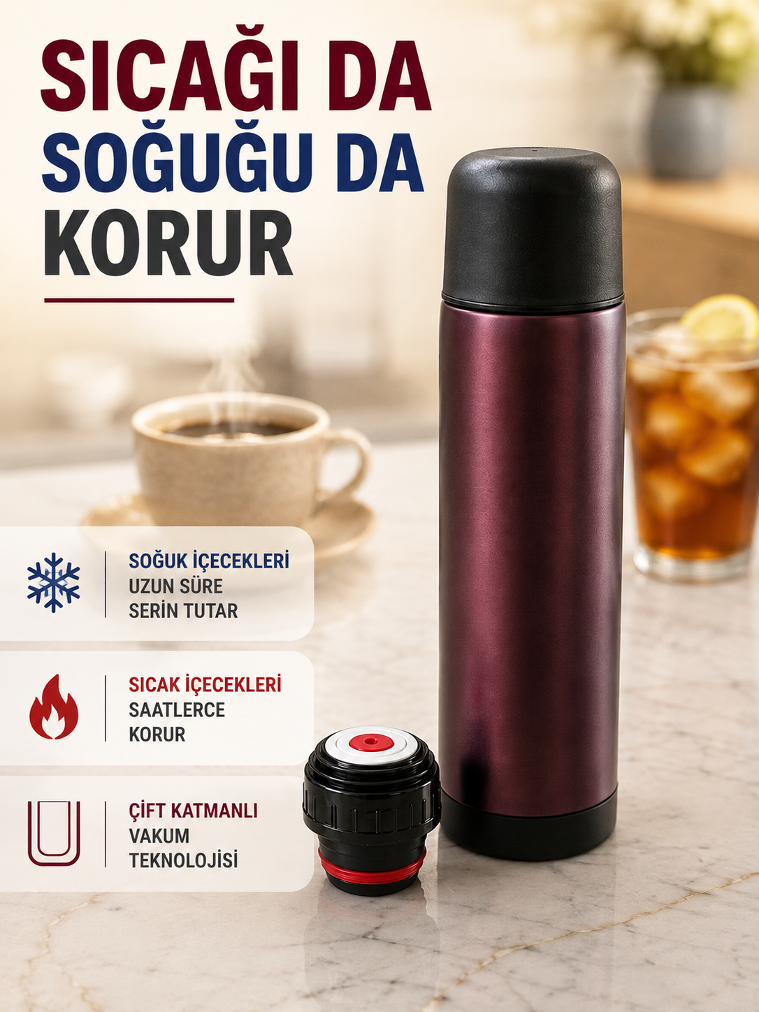 Paslanmaz Çelik Vakumlu Termos Sıcak ve Soğuk İçecek Termosu