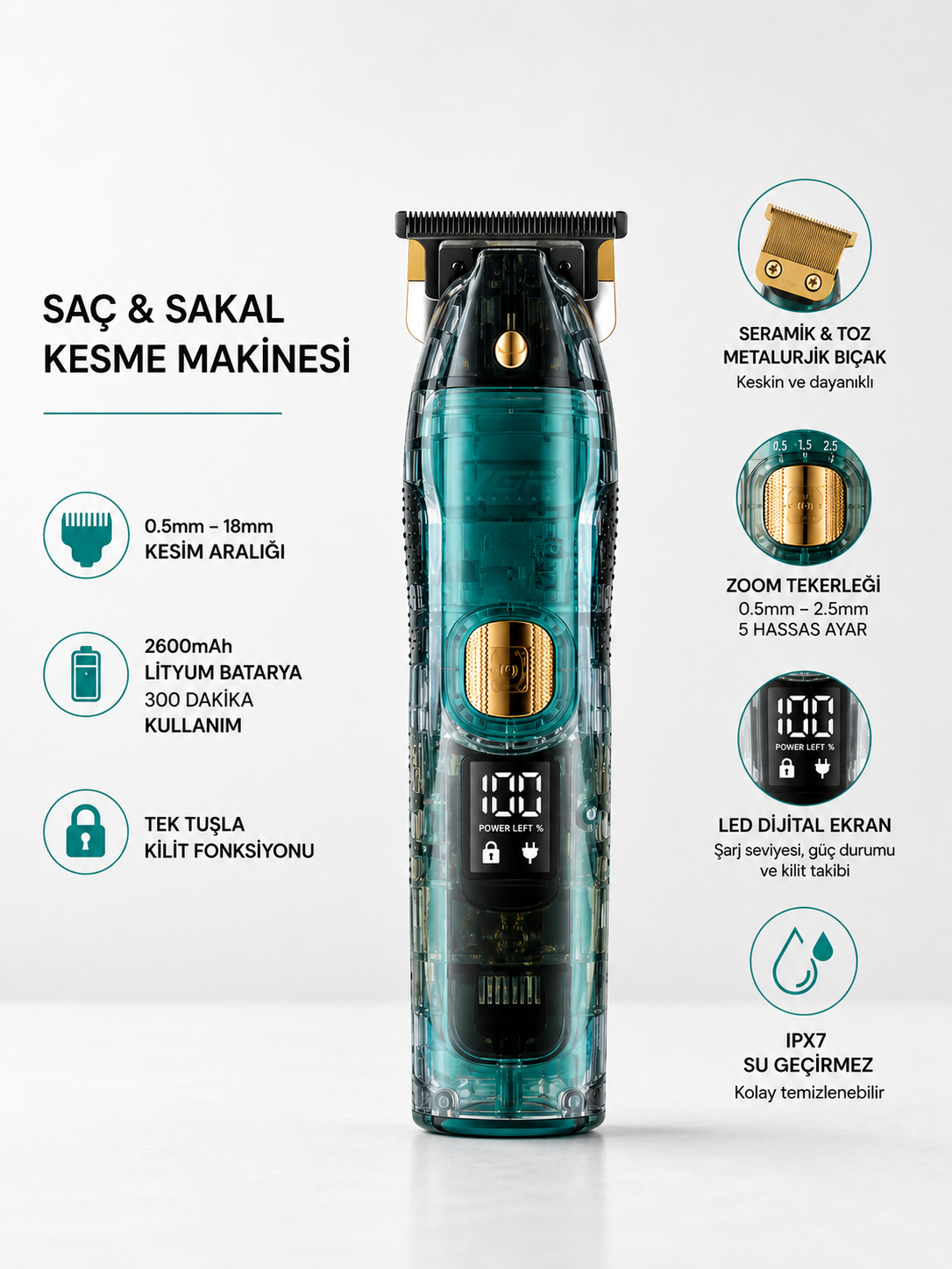 Saç ve Sakal Kesme Makinesi LED Ekranlı Profesyonel  5 Adet Uzunluk Ayarı