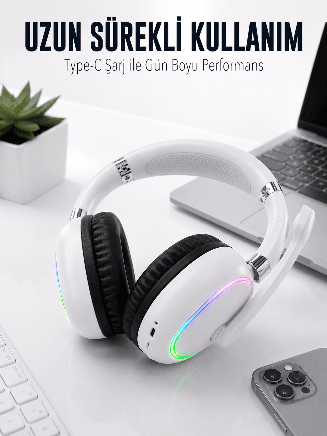 Beyaz Bluetooth 5.0 Mikrofonlu Kablosuz Kulak Üstü Kulaklık RGB Işıklı Type-C Şarjlı