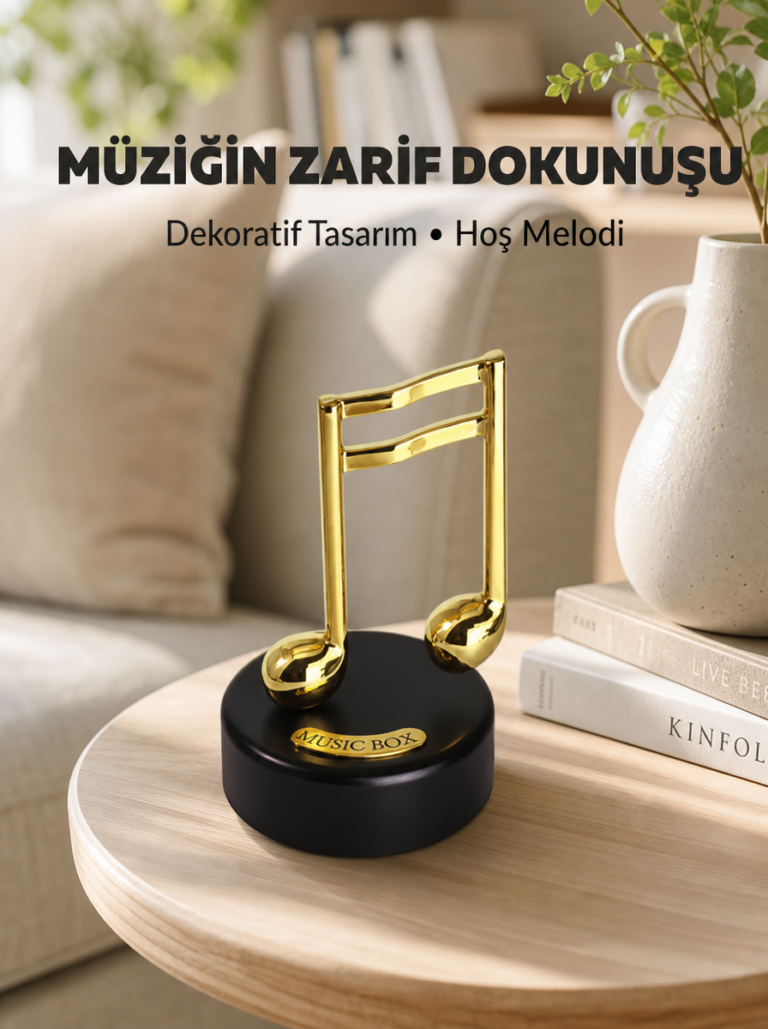 Altın Nota Figürlü Dönen Müzik Kutusu Dekoratif Music Box Yeni Nesil