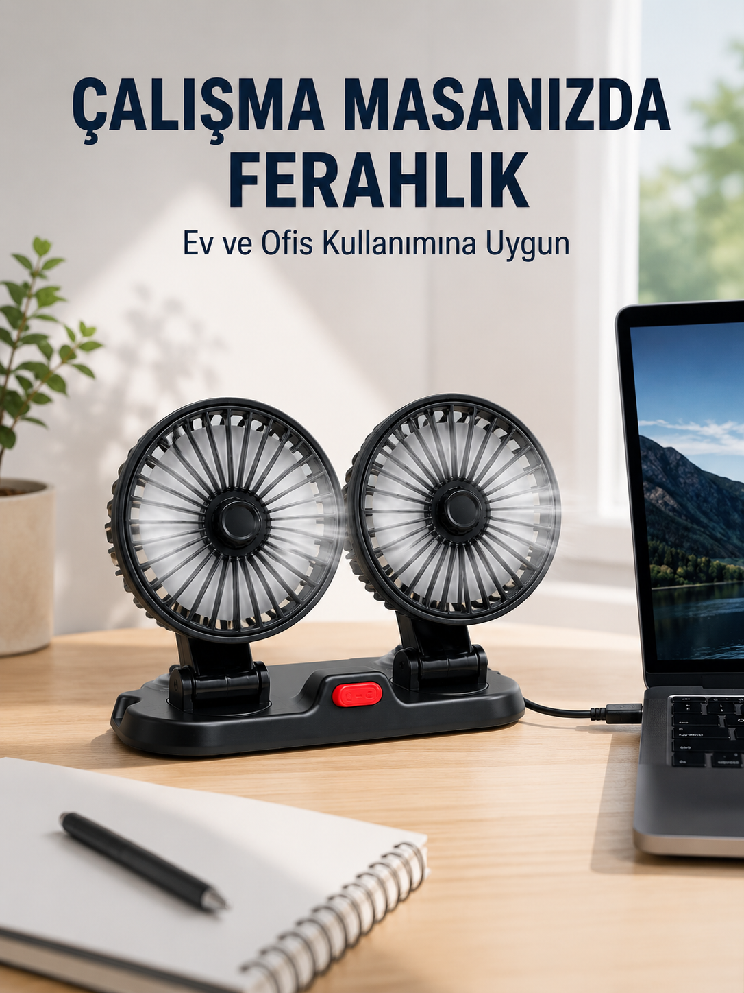 Araç ve Ev Kullanımına Uygun Çift Başlıklı Masaüstü Vantilatör