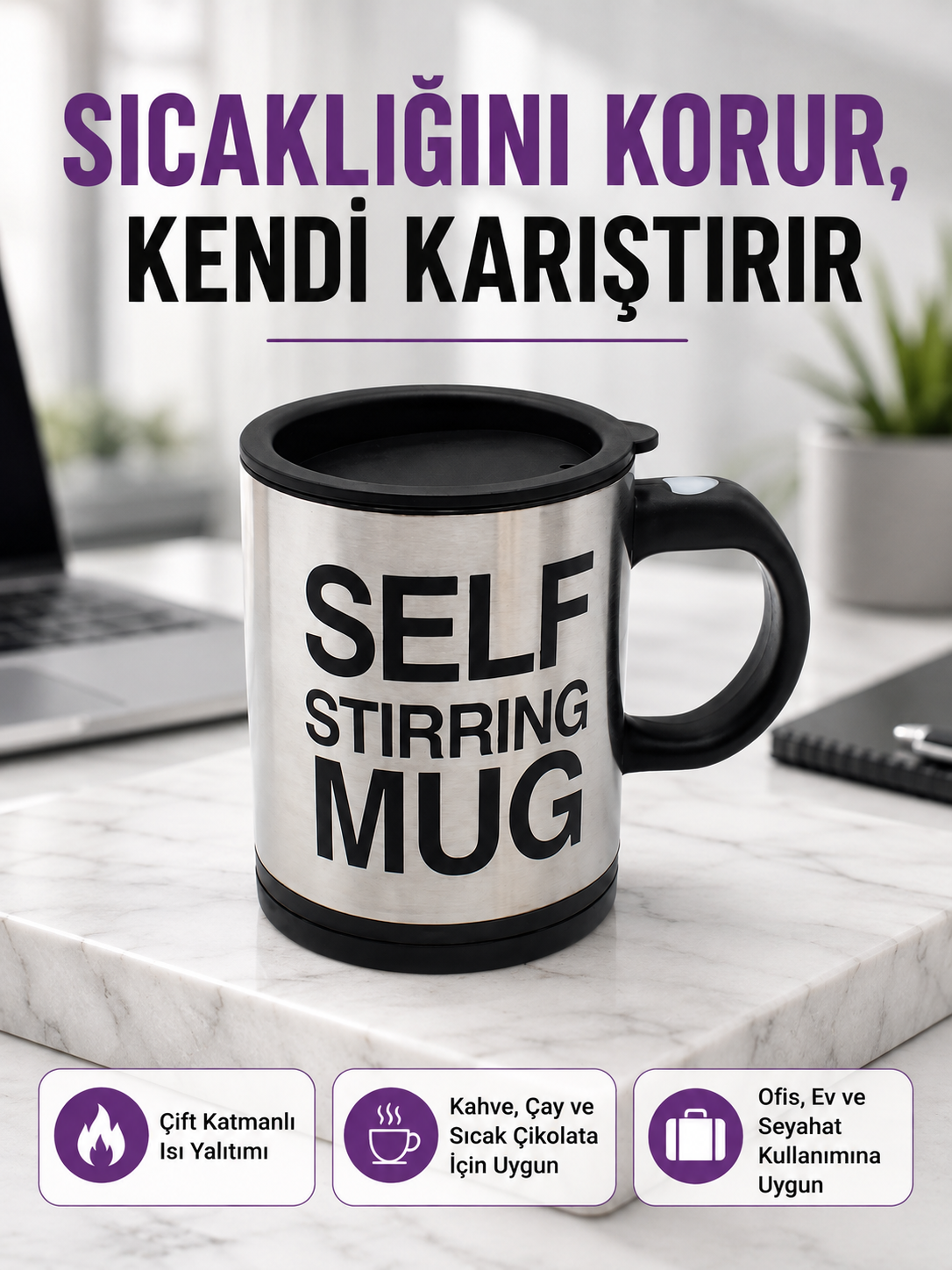 Pratik ve Dayanıklı Termos Kupa | Tek Tuşla Otomatik Karıştırma